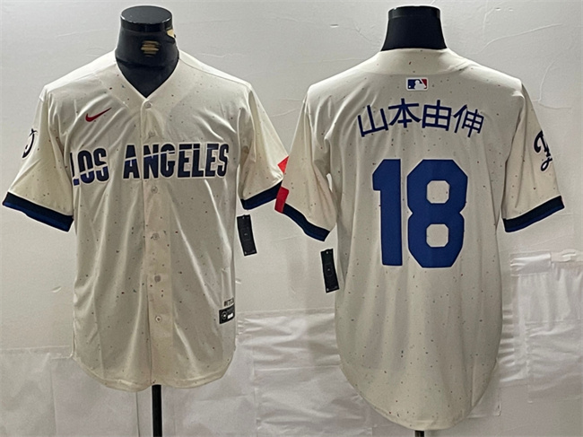 Men's Los Angeles Dodgers #18 山本由伸 Cream Stitched Baseball Jersey